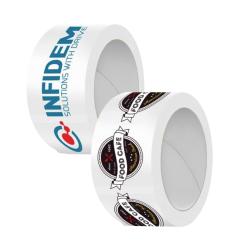 Adhesive tape with logo, 3-color print on white 