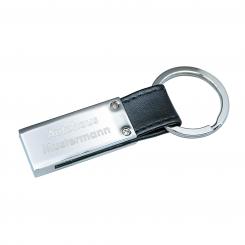 Key Fob, metal with black leather strip 
