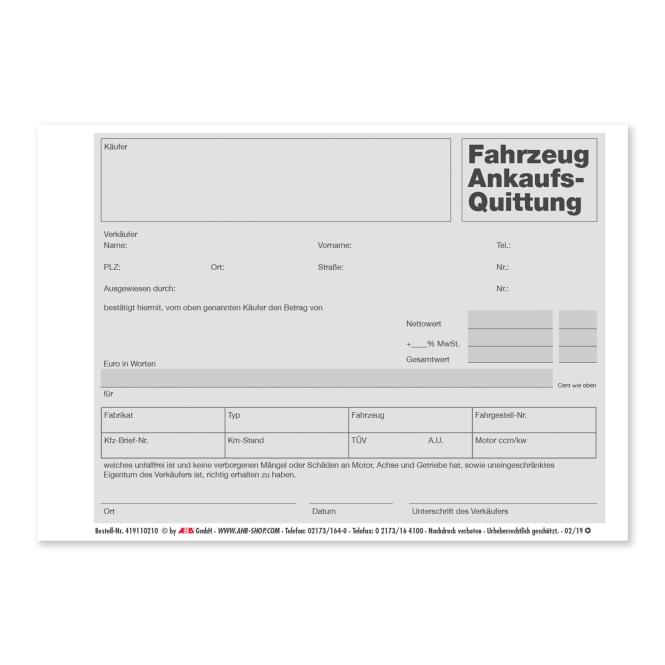 Kraftfahrzeugankaufs-Quittung, 100 Stück